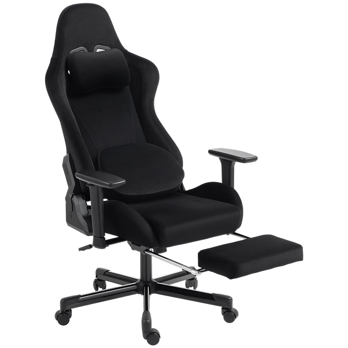Chaise Gaming Ergonomique Massante et Coussin Lombaire Chauffant, Fauteuil Gaming Inclinable en Lin, Accoudoirs 3D, Noir