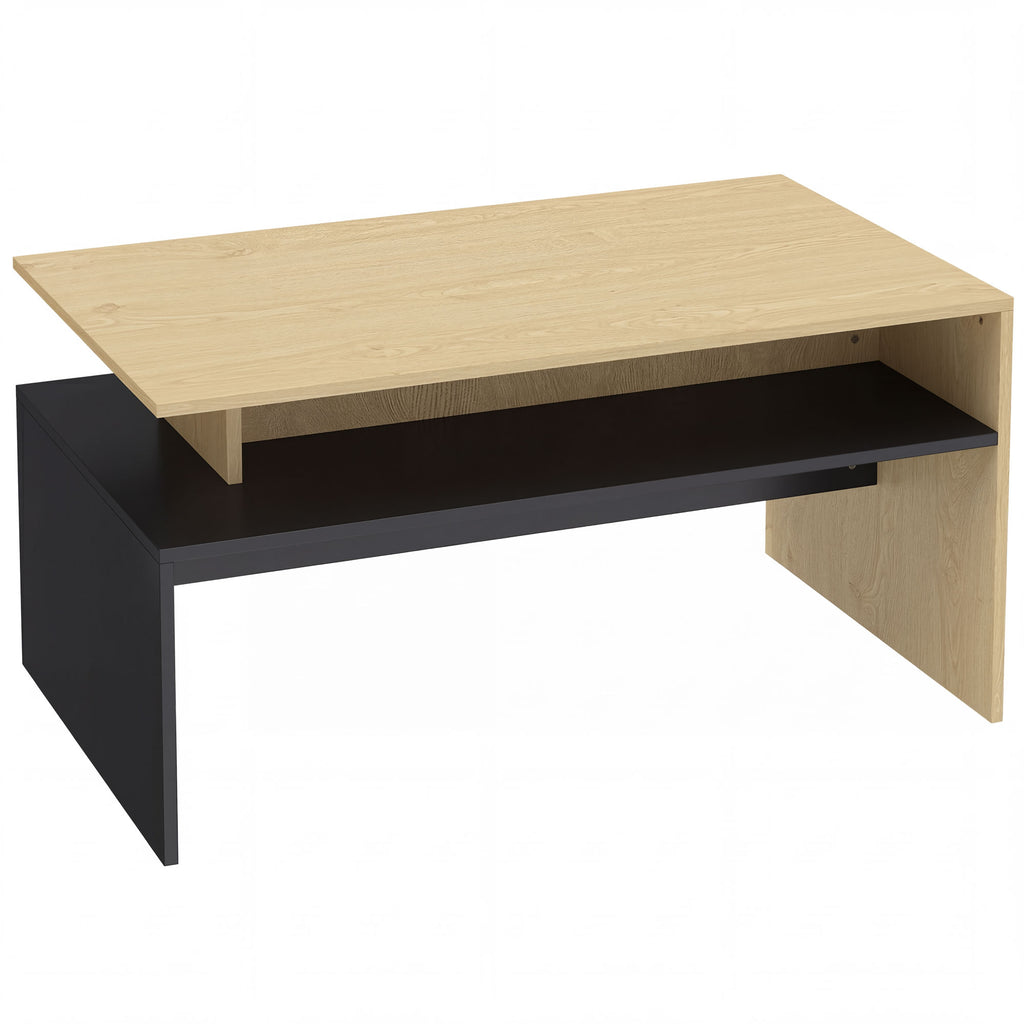 Table Basse Moderne Bicolore à Niveaux Décalés avec Étagère de Rangement, 95 x 55 x 50 cm, Bois Naturel et Noir